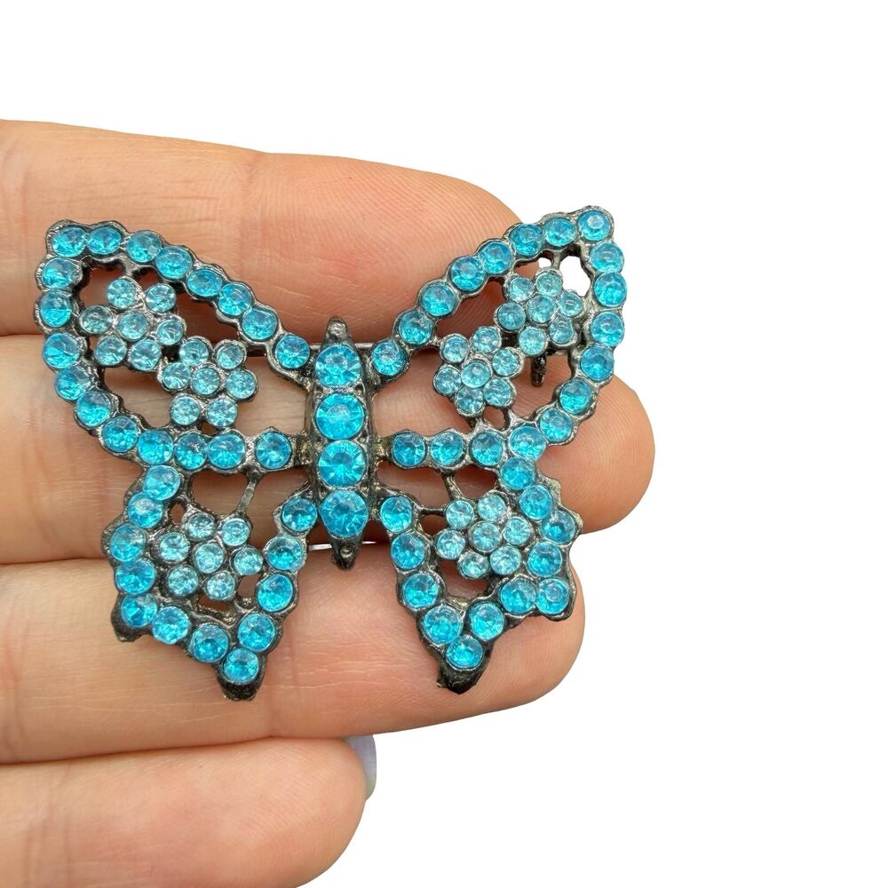 Vintage Jewelry Blue Rhinestone Butterfly Brooch Pin